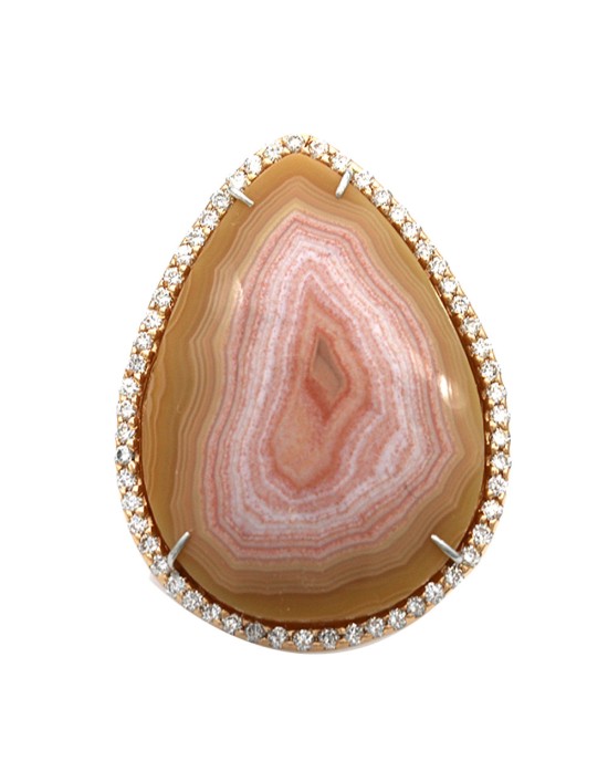 Landscape Agate and Diamond Halo Pear Shaped Ring